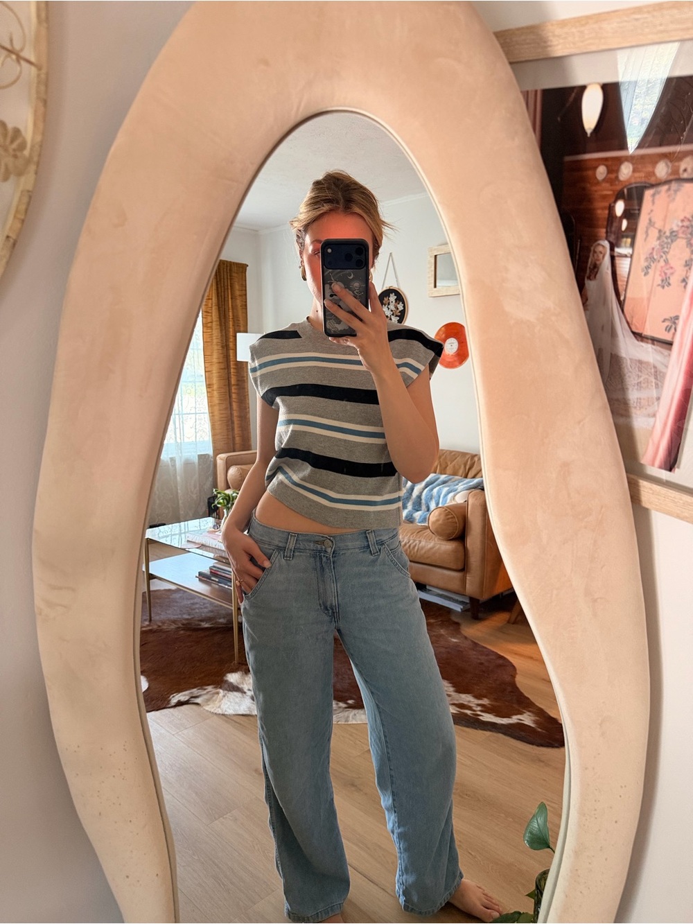 Anthropologie Grey Striped Cropped Knit Tank with Black & Light Blue Stripes